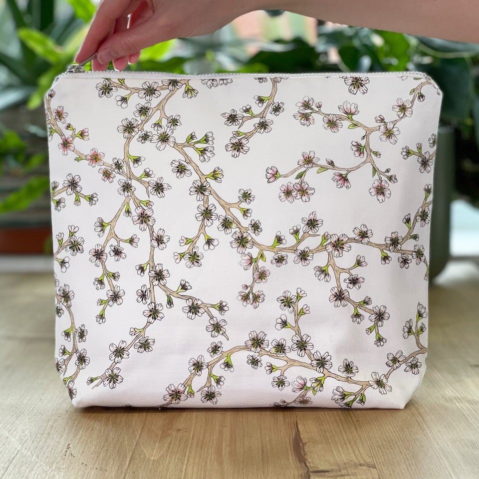 Blossoms Wash Bag, Large Makeup Bag, Floral Cosmetic Bag, Flower Cotton Washbag