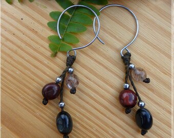 Jasper Tiger/'s eye Maxi macrame beige earrings Smoky Quartz and Bull/'s eye handmade with natural semi precious stones
