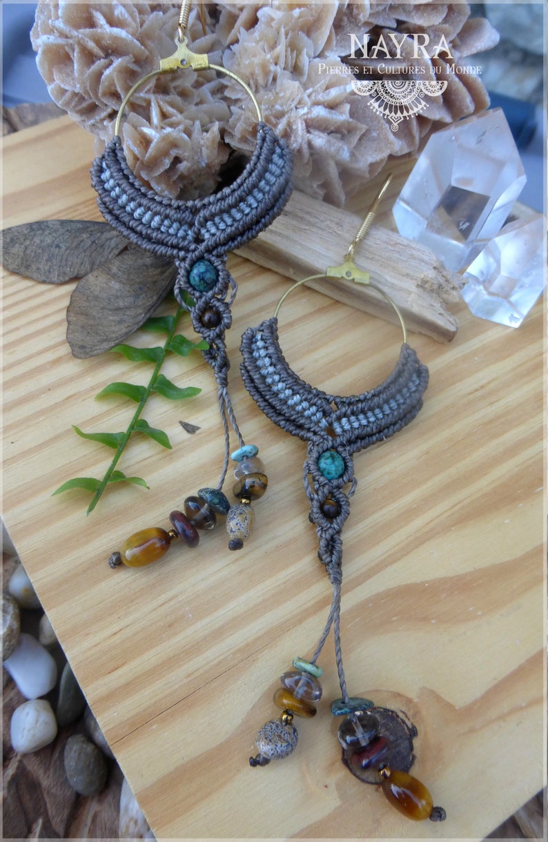 Jasper Tiger/'s eye Maxi macrame beige earrings Smoky Quartz and Bull/'s eye handmade with natural semi precious stones