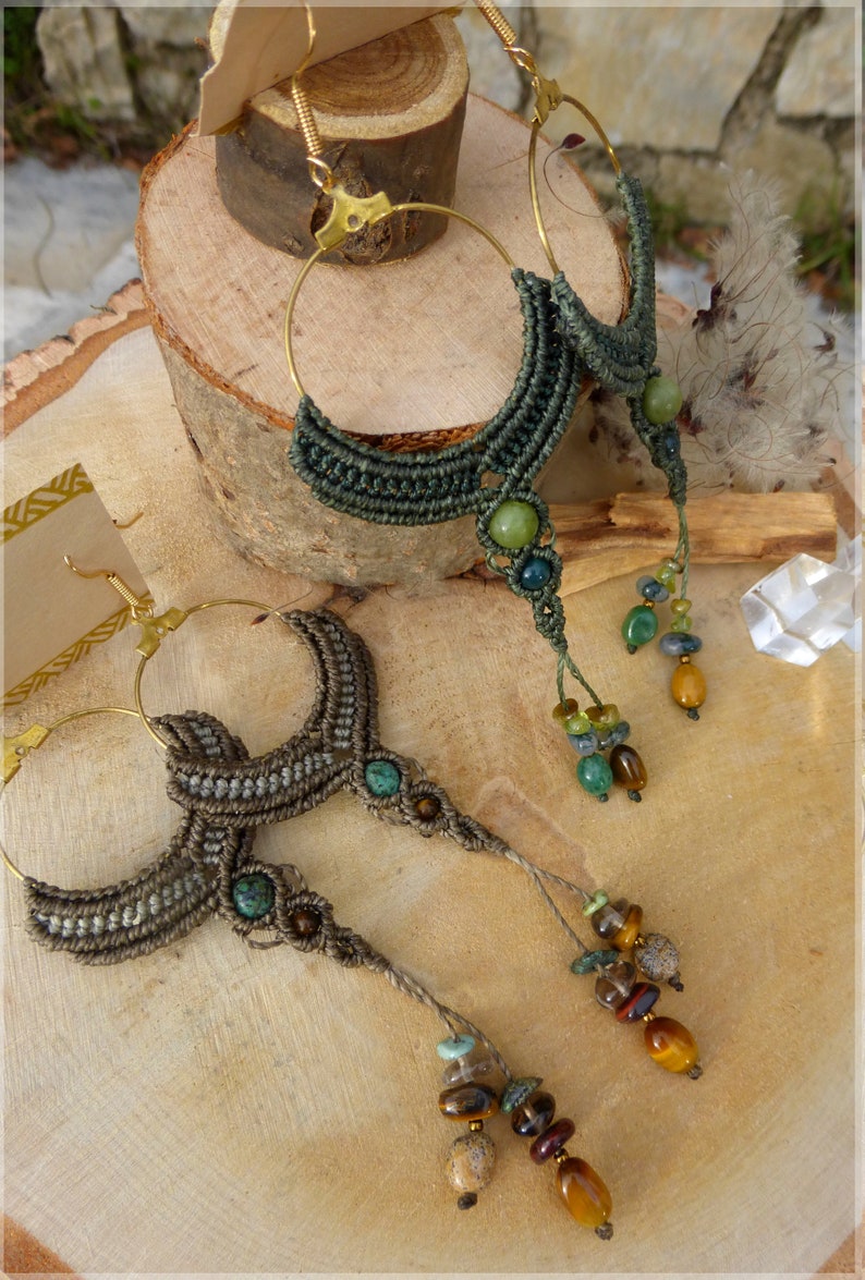 Jasper Tiger/'s eye Maxi macrame beige earrings Smoky Quartz and Bull/'s eye handmade with natural semi precious stones