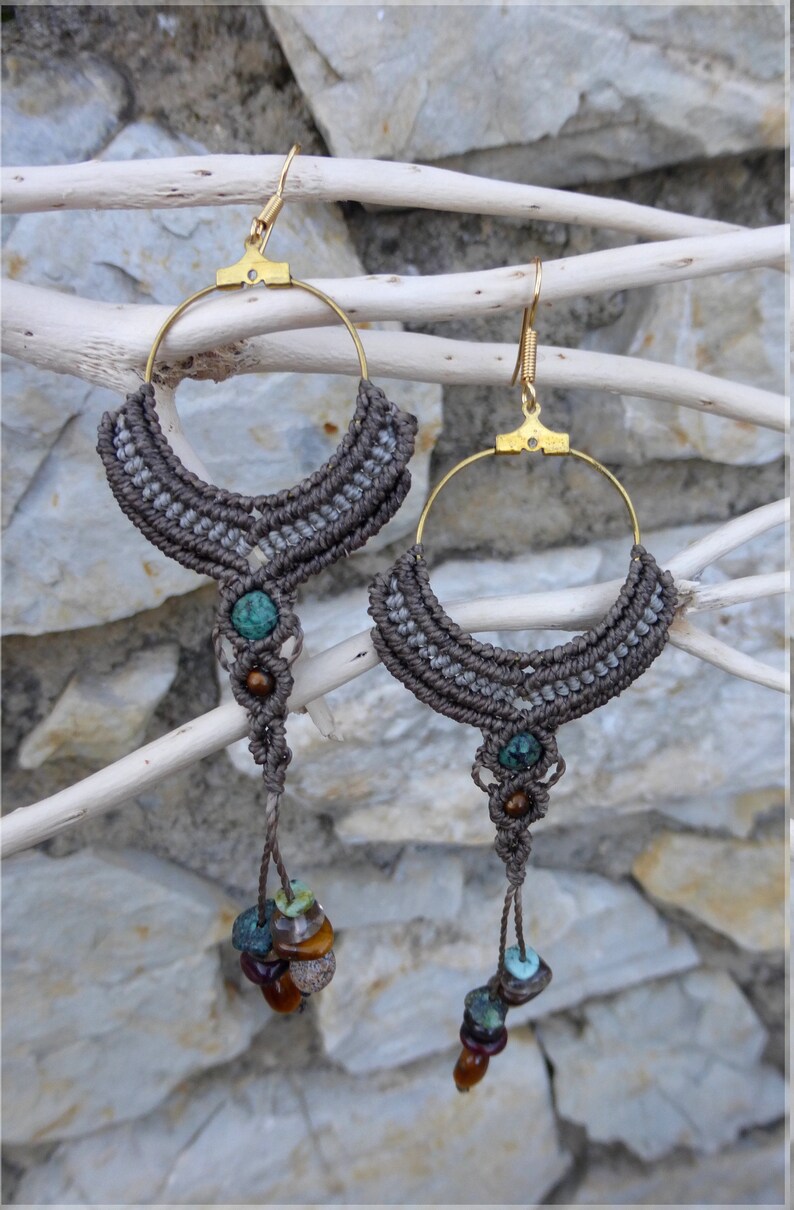 Jasper Tiger/'s eye Maxi macrame beige earrings Smoky Quartz and Bull/'s eye handmade with natural semi precious stones