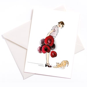 Carte illustrée à la main avec âme colorée et enveloppe écologique "Sweet Cherry", carte d'occasion, bon d'achat, anniversaire, fête d'été, chat
