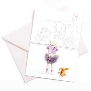 Biglietto illustrato fatto a mano con anima a colori e busta ecologica, biglietto dell'evento, voucher, compleanno, nascita, zoo, ragazze