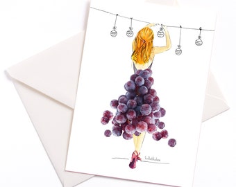 Handmade illustrated Christmas card &quot;Grapes&quot; - card with color core and envelope, occasion card, greeting card, Christmas card, wine