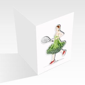 Tarjeta plegable con imán "Partido de tenis": tenista con falda de brócoli. Tarjeta de felicitación con sobre incluido. Deportiva y sostenible. Tarjeta para ocasiones especiales.