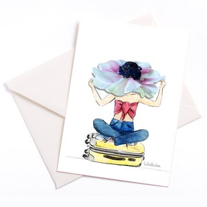 Tarjeta ilustrada a mano "Vacaciones" - con código de color y sobre, Día de San Valentín, tarjeta de evento, invitación, cupón, cumpleaños, maleta