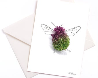 Handgemachte illustrierte Karte ""Hummel" - mit Farbkern und Umschlag, Anlasskarte, Gutschein, Geburtstag, Tiermotiv, Rette die Bienen