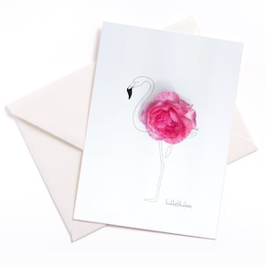 Handgemaakte Geïllustreerde Kaart "Flamingo" - met kleur kern en envelop, gelegenheid kaart, coupon, verjaardag, dier motief, roos