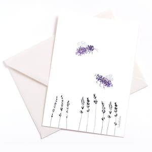 Carte illustrée faite à la main "Lavande Abeille" - avec noyau de couleur et enveloppe, carte d’occasion, motif animal, enfants animaux, faire le bien