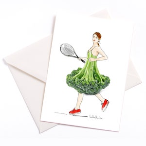Carte illustrée faite à la main « Résolutions », carte d’anniversaire, art print, aquarelle, illustration, sport, tennis, brocoli, végétalien