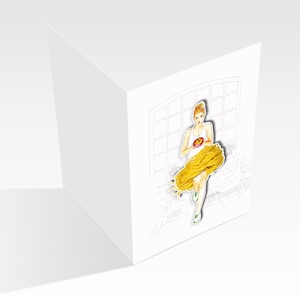 Carte pliante aimantée « Pasta Love » – femme en jupe de pâtes avec une assiette de spaghettis, carte de vœux amusante avec enveloppe et emballage durable