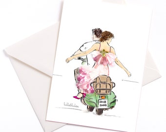 Vespa - Handillustrierte Karte mit Farbkern und Umschlag, Hochzeit, Anlasskarte, Einladung, Gutschein, Geburtstag, Glück, Valentinstag