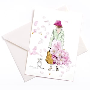 Carte illustrée « Cat Cherry Blossom » - carte avec noyau de couleur et enveloppe écologique emballée, carte d’événement, bon d’achat, anniversaire, amour