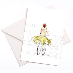 Handgemaakte geïllustreerde kaart "Facing the Sun" - met kleur kern en envelop, gelegenheid kaart, coupon, verjaardag, vakantie, fiets