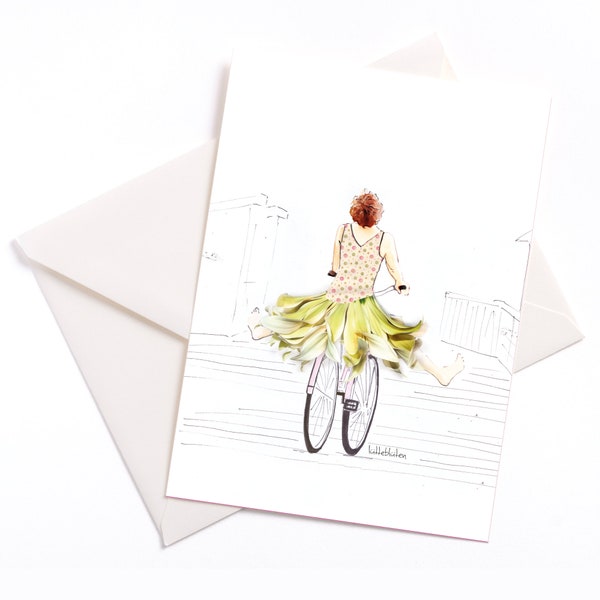 Handgemachte illustrierte Karte "Der Sonne entgegen" - mit Farbkern und Umschlag, Anlasskarte, Gutschein, Geburtstag, Urlaub, Fahrrad