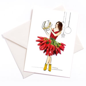 Carta illustrata "Chilli" - carta con nucleo a colori e busta ecologicamente confezionata, carta evento, Natale, coppia, infuocato
