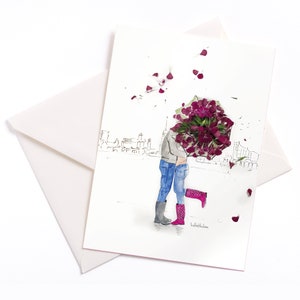 Carte illustrée faite à la main avec noyau de couleur et enveloppe écologique, carte d’événement, bon d’achat, anniversaire, Hambourg, fleurs