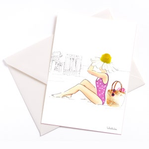 Handgemachte illustrierte Karte mit Farbkern und Umschlag umweltfreundlich, Anlasskarte, Gutschein, Geburtstag, Strand, Sommer, Badeanzug