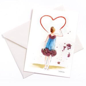 Carte illustrée faite à la main "Coeur" - avec noyau de couleur et enveloppe, fête des mères, carte d'occasion, invitation, bon d'achat, anniversaire