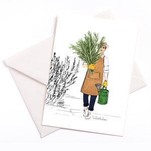 Carta illustrata fatta a mano con nucleo di colore e busta eco friendly, carta occasione, coupon, compleanno, giardino alle erbe, giardino amore