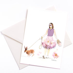 Pâques - Carte illustrée faite main « Promener le lapin »