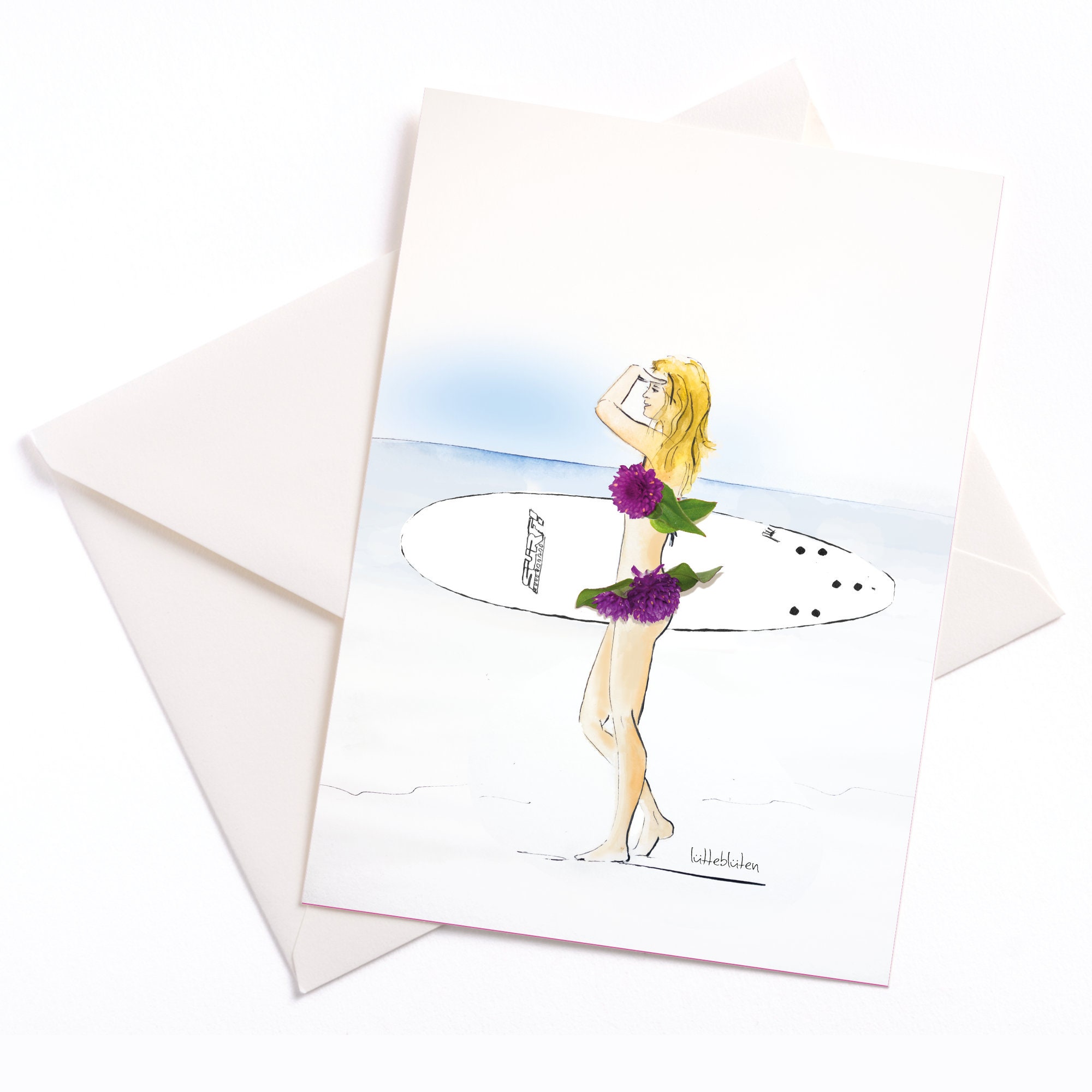 Handmade Illustrated Card - Card with Color Core and Envelope Eco Friendly Packed, Occasion Card, Coupon, Birthday, Surfing