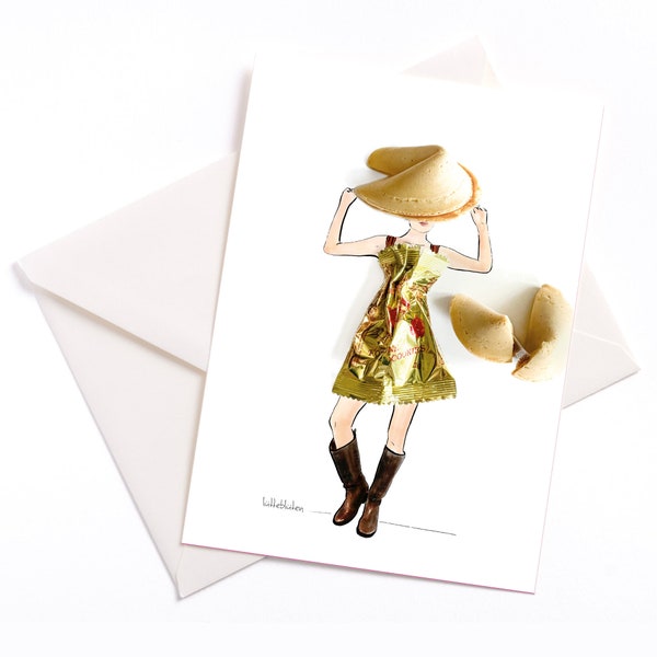 Glückskeks - Handillustrierte Karte mit Farbkern und Umschlag, Hochzeit, Anlasskarte, Einladung, Gutschein, Geburtstag, Glück, Wünsche
