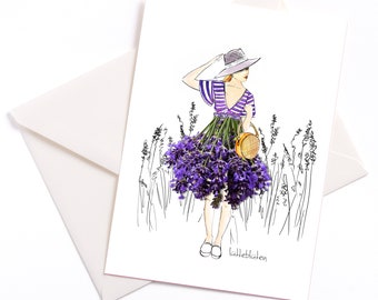 Handgemachte illustrierte Karte mit Farbkern und Umschlag umweltfreundlich, Anlasskarte, Gutschein, Geburtstag, Lavendel, Provence, Wein