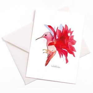 Handgemachte illustrierte Karte "Kaktus-Kolibri" - mit Farbkern und Umschlag, Anlasskarte, Gutschein, Geburtstag, Tiermotiv, Vogel