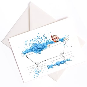 Vacances - Carte illustrée faite main avec noyau couleur et enveloppe écologique, perles de bain, bon d'achat, anniversaire, fête des pères, plongée