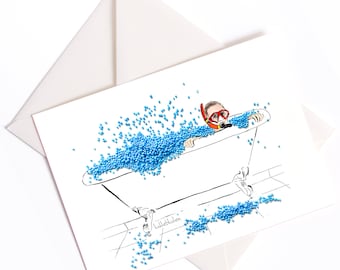 Holiday - Handmade illustrated card with color core and envelope eco-friendly, bath pearls, voucher, birthday, Father&#39;s Day, diving