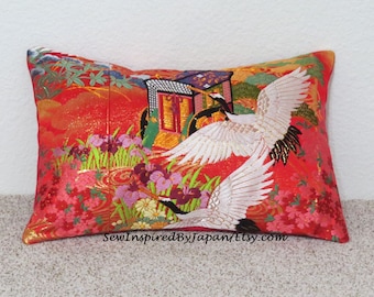 CLEARANCE Pillow Cover Japanese Uchikake Silk Cranes & Royal Cart Against Red 12 x 18