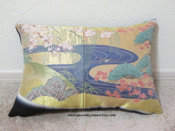 Pillow Cover Japanese Kimono Silk Cherry Blossom River 15 X 22 Etsy
