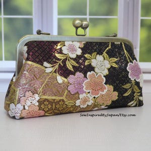 Cartera de mano japonesa Obi de seda burdeos/negro con ruedas Sakura