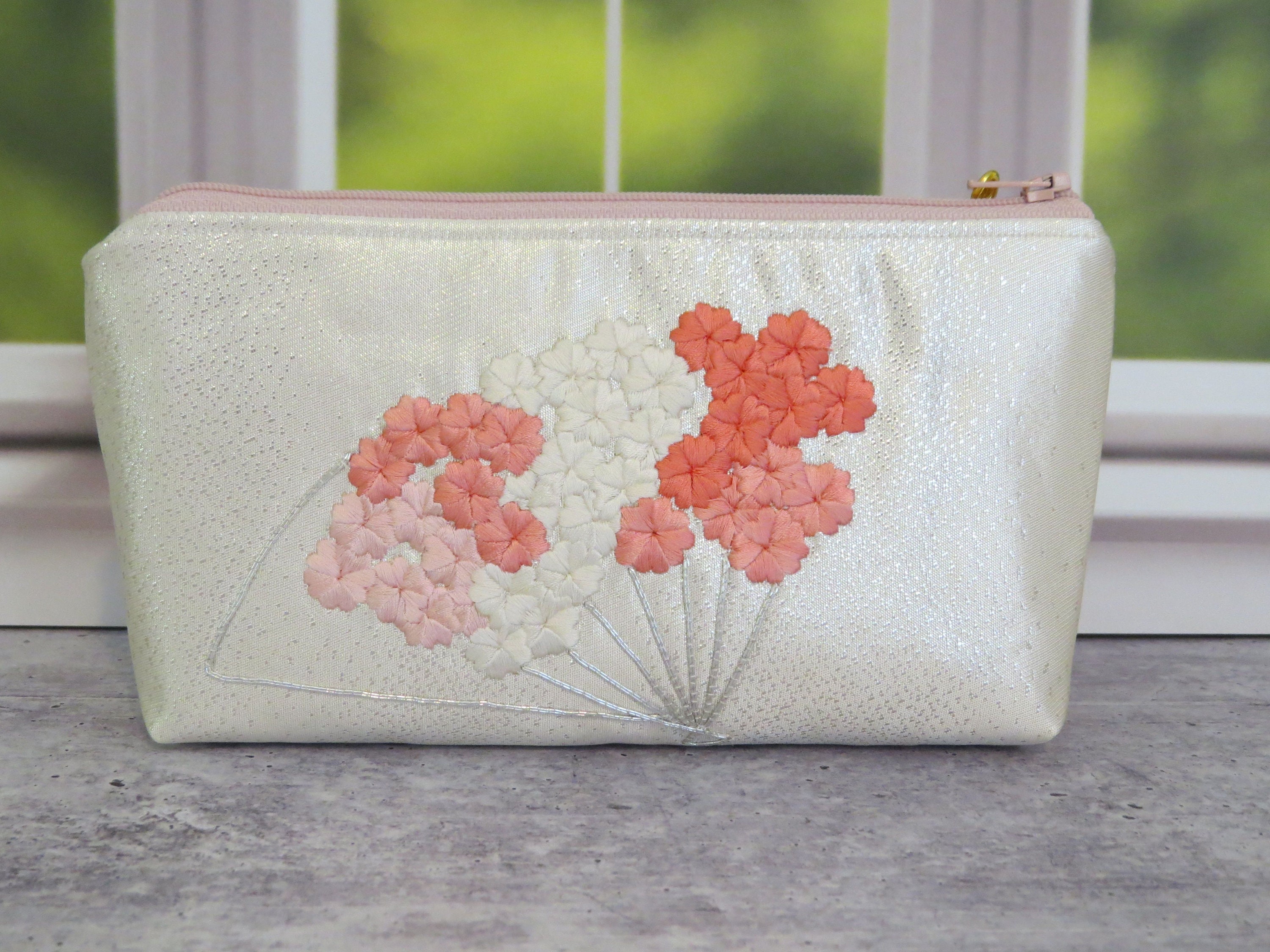 Japanese Obi Zippered Bag Folding Fan Embroidered Sakura 4