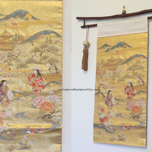 Wall Hanging Japanese Obi Silk Pagoda, Plum Blossoms, Girls in Kimono