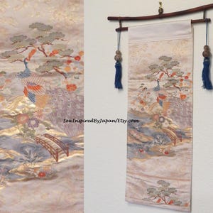 Clearance Wall Hanging Japanese Obi Silk Peacock Bridge Plum Blossoms