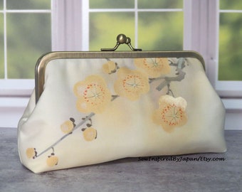 CLEARANCE Clutch Purse Japanese Obi Silk Off-white With Plum Blossoms