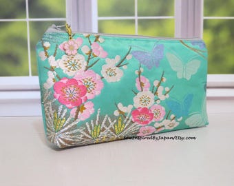 Mint Green Japanese Zippered Bag Uchikake Plum Blossoms Butterflies 5 x 10 Version A