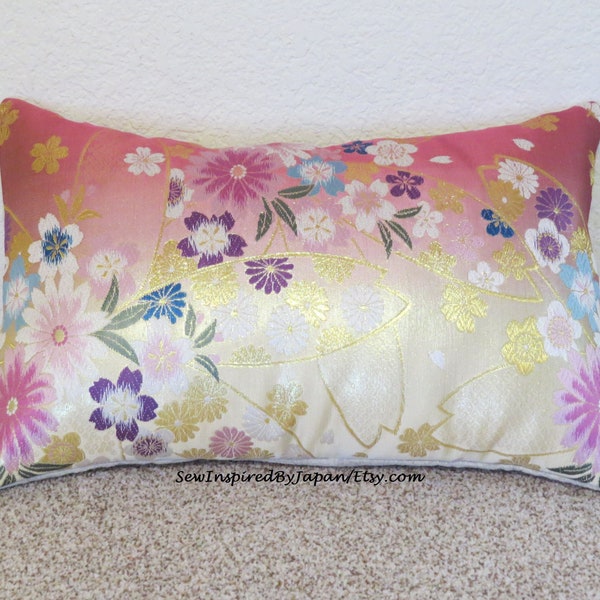 Silk Pillow Cover Japanese Obi Pink and Gold Floral 12 x 18