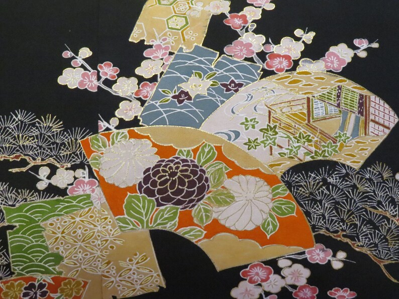 Black Fans /& Cherry Blossoms Japanese Kimono Fabric Pillow Cover 14 x 20