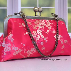 Clutch Purse Japanese Obi Silk Red Cascading Plum Blossoms