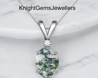 Moss Agate Oval Pendant, Green Stone, 925 Sterling Silver Necklace