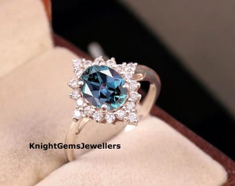 Halo Alexandrite Ring June Birthstone 14k White Gold Engagement Ring Women's Classic Alexandrite Ring Wedding Promise Ring Gift For Her
