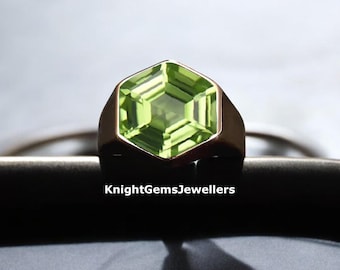 Hexagon Peridot Ring, August Birthstone, Solid 925 Sterling Silver