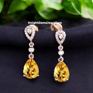 Vintage pear cut yellow topaz earrings solid 14k rose gold halo diamond drop earrings women November birthstone anniversary gift for her