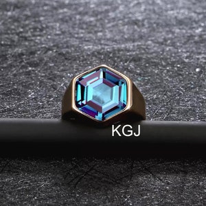 Alexandrite Ring Men's Big Hexagon Cut Color Changing Gemstone Ring June Birthstone Ring Sterling Silver Ring Promise Ring