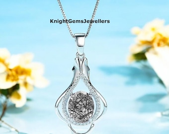 Black Rutilated Quartz Necklace, Sterling Silver Solitaire Pendant