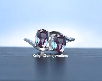 Dainty Alexandrite Ring June Birthstone 14k White Gold Engagement Ring Color Change Stone Alexandrite Ring Two Stone Ring Gift For Her