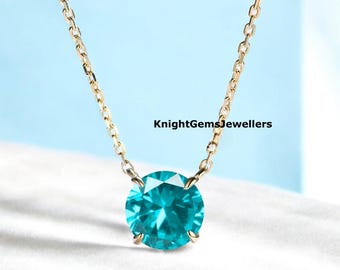 Round Cut Neon Blue Paraiba Tourmaline Necklace, 14k Yellow Gold Pendant, October Birthstone